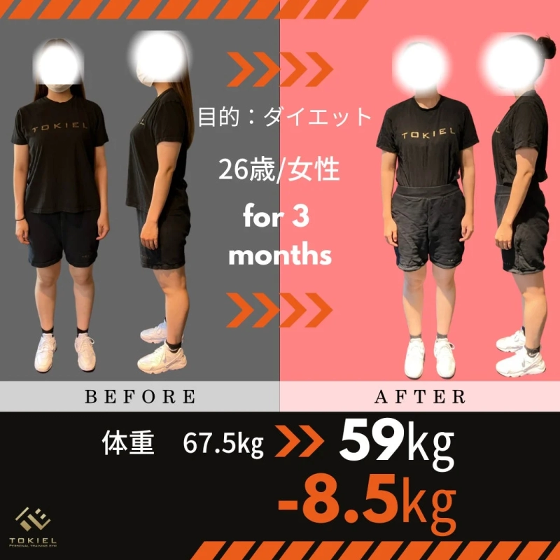 女性の3ヶ月間のダイエット結果を示すビフォーアフター画像
