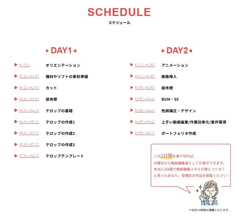 2日間で動画編集スキルを習得する講座のスケジュール