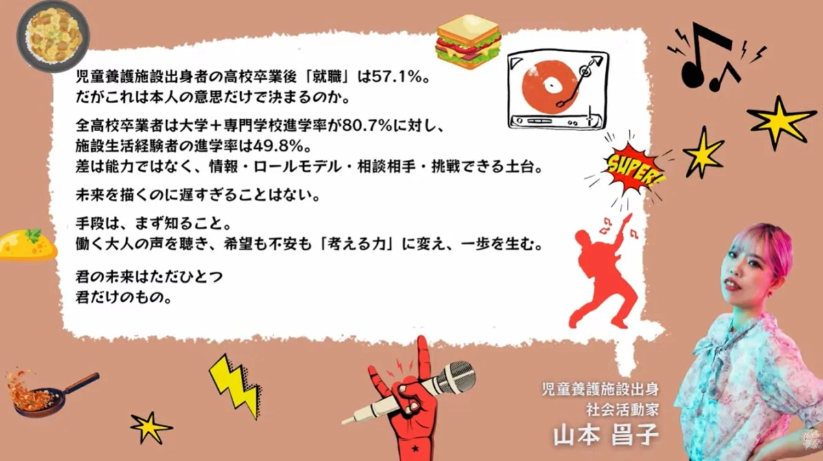 児童養護施設出身者の進路状況に触れ、情報やロールモデルの重要性を指摘する社会活動家・山本昌子さんのメッセージ