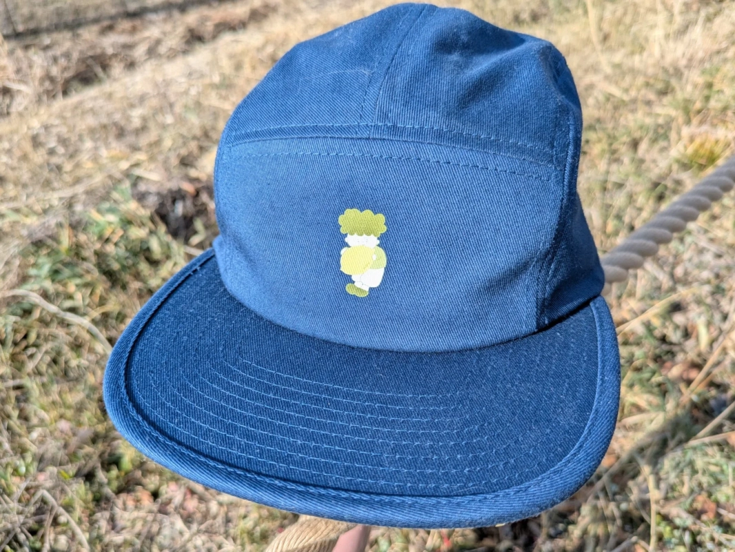 可愛いキャラクターが刺繍された青いキャップ