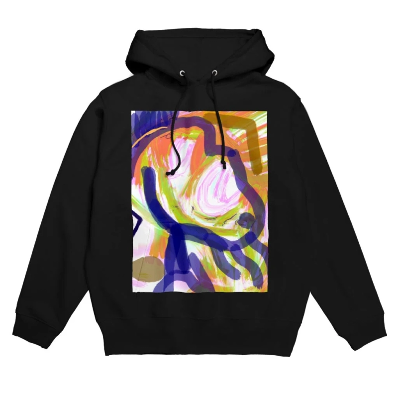 カラフルな抽象画がプリントされた黒いフーディー