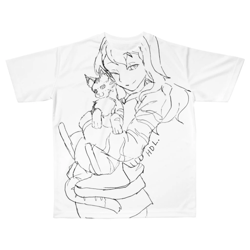 猫を抱きかかえる少女の線画イラストTシャツ