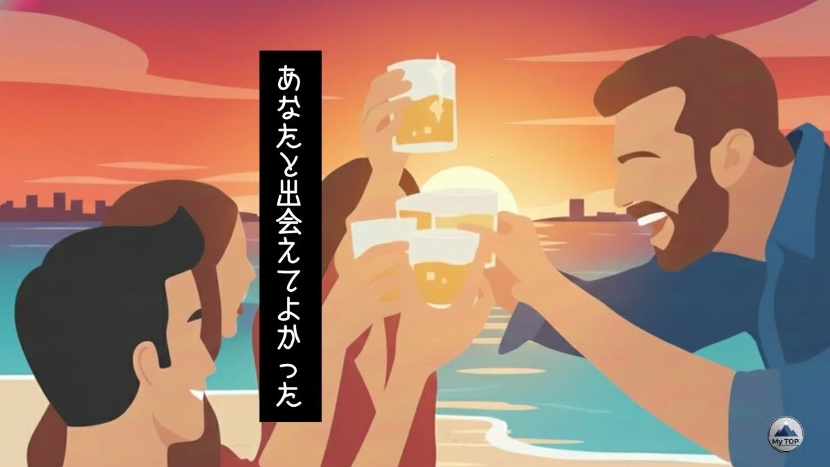 夕焼けのビーチで乾杯する人々